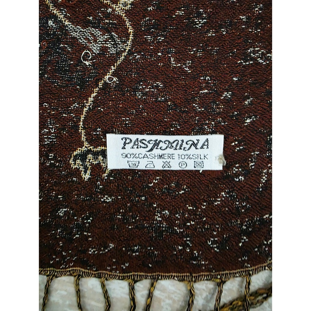 Pashmina 90%‎ Cashmere 10% Silk Long Floral Scarf Shawl Wrap Brown Gold Fringe - Picture 4 of 13